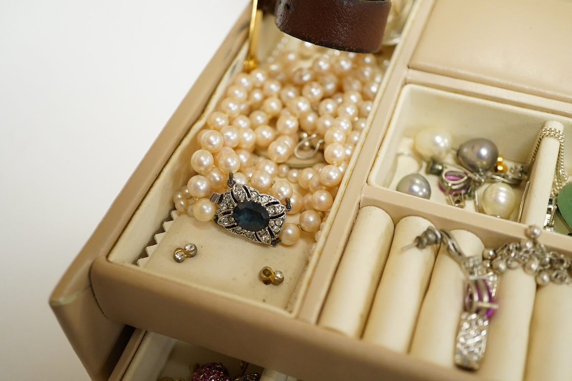 A jewellery box containing mainly costume and other jewellery including, silver and 925 cufflinks, a cultured pearl necklace with silver and paste set clasp and three wrist watches including a steel and gold plated Bulov
